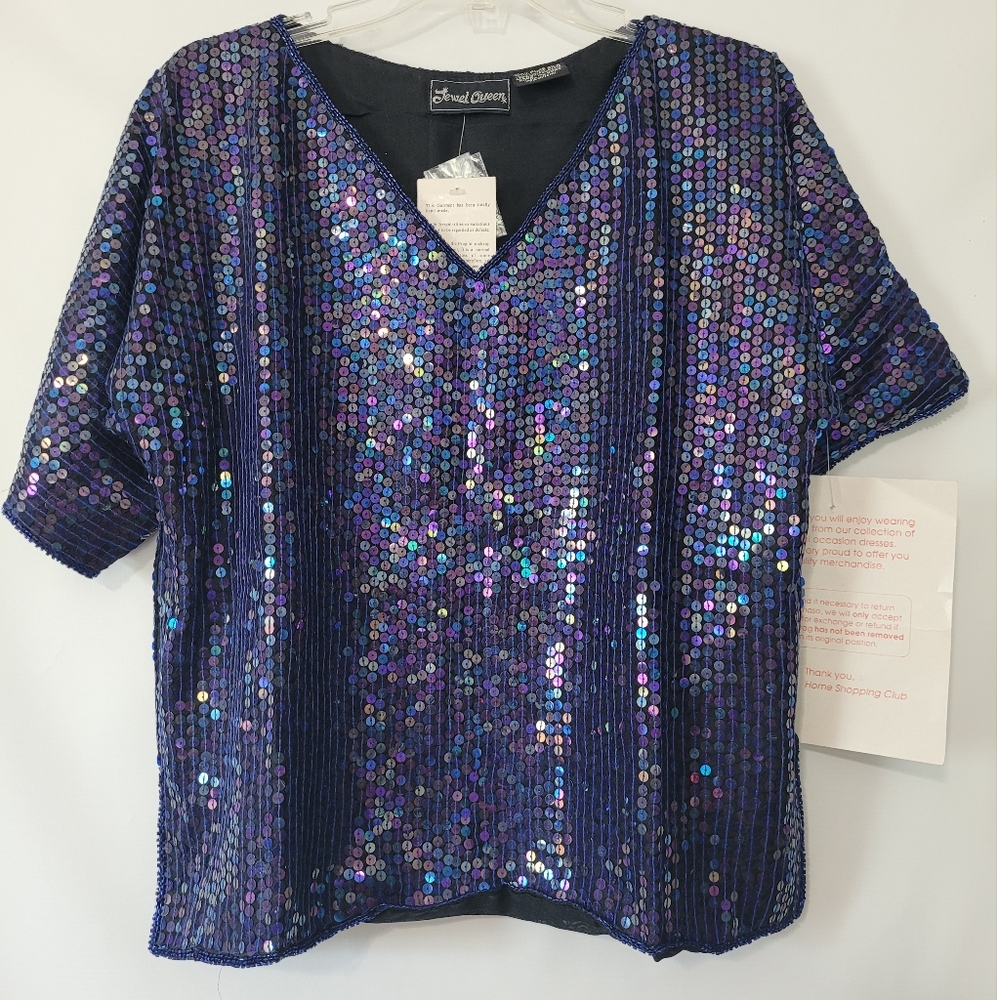 Vintage Jewel Queen Silk Sequin Top Iridescent Blue Purple V-Neck Handmade Med